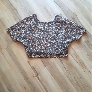 EXPRESS SEQUINED Holiday Festive Dolman Sleeve Cropped top silver